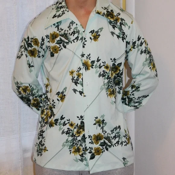 Vtg 1970s Mr. Jan Teal Green Floral Polyester Long Sleeve Disco Shirt Men’s L - Picture 5 of 10